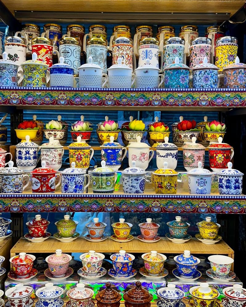 Colorful traditional Tibetan ceramics on display