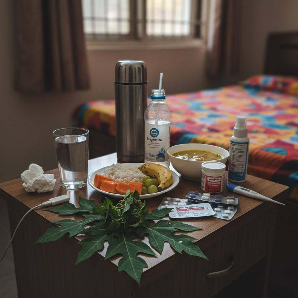 Dengue recovery essentials: papaya leaves, rice, fruits, soup, medication, and hydration supplies on a bedside table