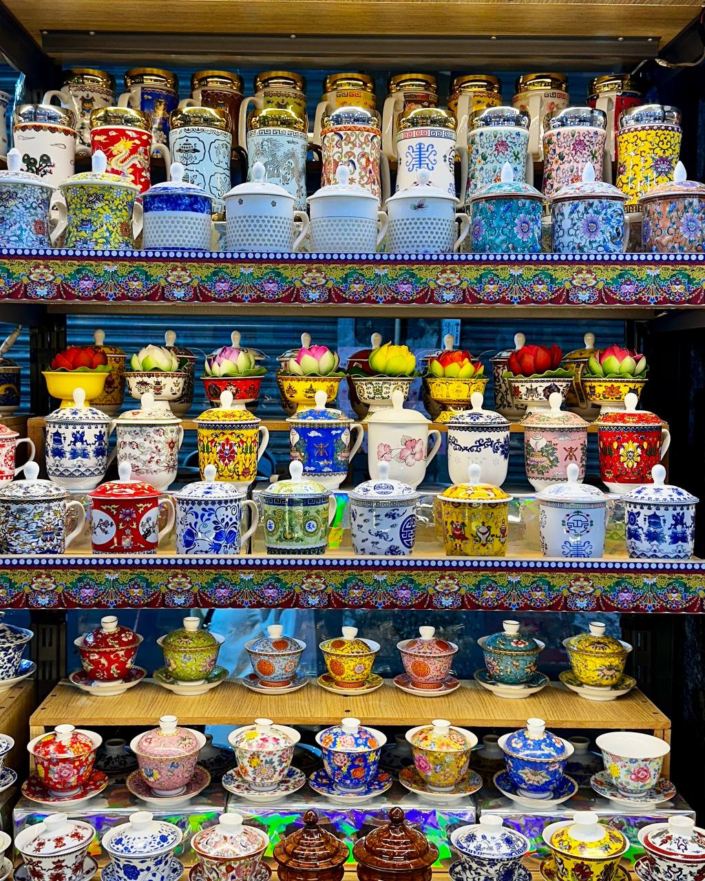 Colorful traditional Tibetan ceramics on display