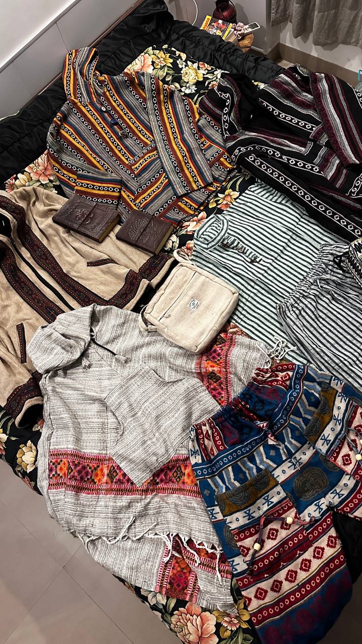 Colorful Indian fabrics and clothing purchases from Paharganj