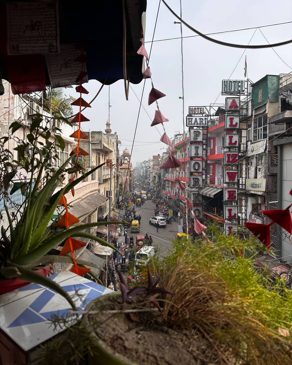 View of Main Bazar street from a rooftop cafe in Paharganj, Delhi